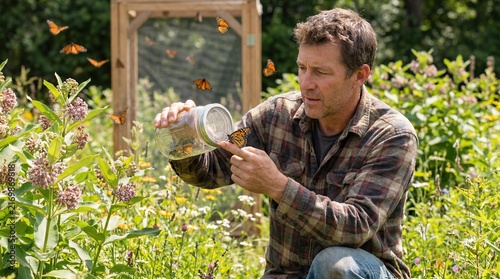 Man releasing monarch butterflies in a garden for conservation efforts