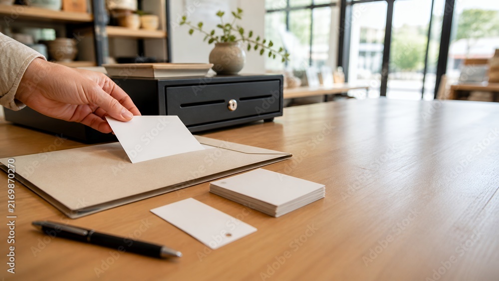 Naklejka premium Independent shop bookkeeping counter with blank cards and folder