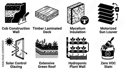 Green building and sustainable architecture material vector icons featuring mycelium insulation and solar control glazing architecture building materials sustainable laminated mycelium elements