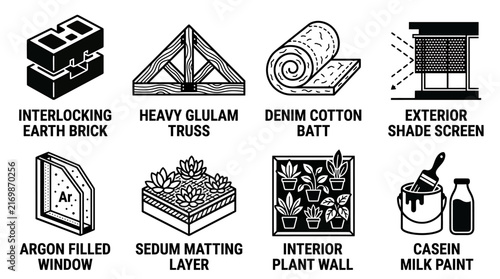 Sustainable building materials and eco construction icon set featuring interlocking earth brick and cotton batt architecture building material sustainable construction interlocking exterior