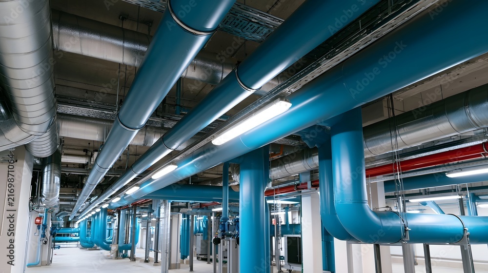 Fototapeta premium Blue and silver pipes run through a modern industrial ceiling with bright fluorescent lighting illuminating the space