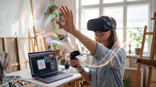 Woman using VR headset to take digital art class in creative workspace