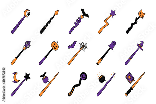 Halloween magic wands vector set featuring cute spooky icons and items