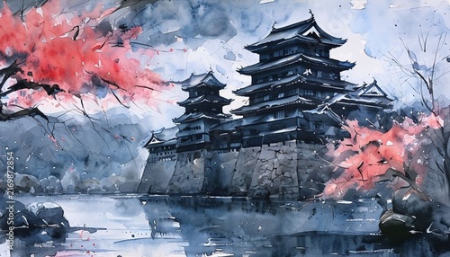 : Majestic Japanese Castle in Watercolor Harmony