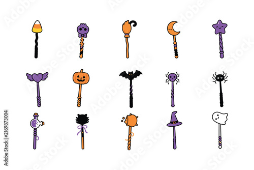 Halloween magic wands vector set featuring cute spooky icons and items