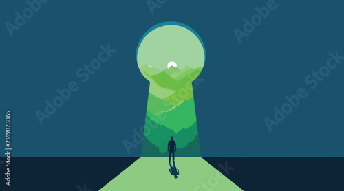 Silhouette of a man standing before a keyhole shape opening to a scenic green mountain landscape at sunrise.