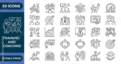 Training coaching icons with editable stroke outline line art collection