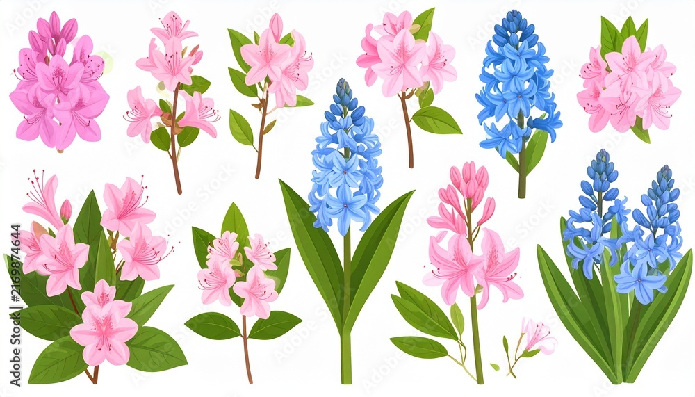 Spring Floral Elements Set with Pink and Blue Hyacinths and Azaleas