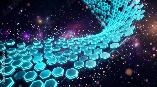 Abstract digital background with glowing blue hexagonal structures and floating particles in deep space