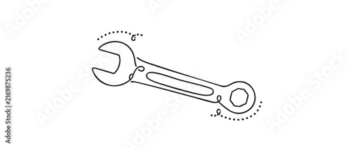 wrench line art vector icon design with dotted outline featuring tool, repair