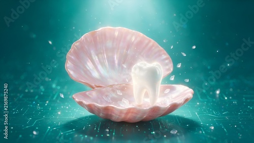 Sparkling clean white tooth resting delicately inside an open glowing seashell shell surrounded by shimmering particles on a vibrant teal digital circuit board background design
