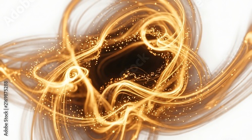Abstract golden light trails with glowing particles isolated on white background