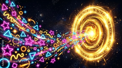 Abstract cosmic background with glowing neon shapes flowing into a golden portal