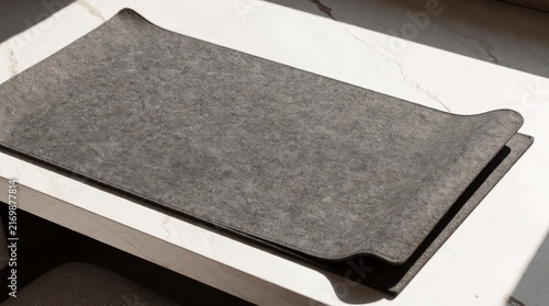 Grey felt desk mat on white marble table for workspace organization and office decor