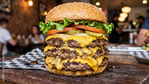 A towering triple cheeseburger with fresh lettuce, tomato, and pickles on a sesame seed bun, served on a rustic wooden board in a restaurant setting