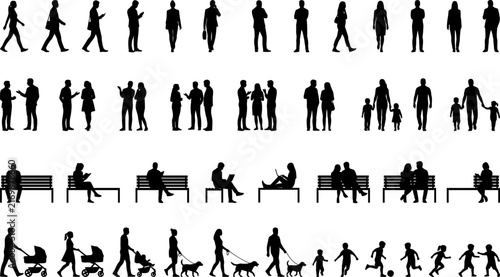 Black people silhouettes set depicting walking sitting family park activities and pets