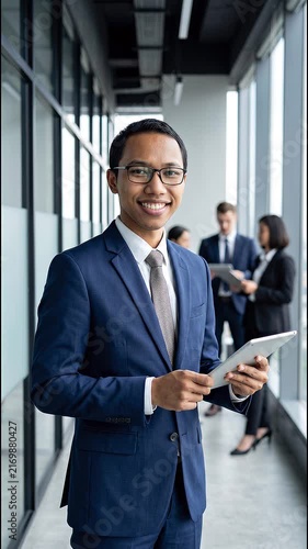 Busy young Indonesian business man executive standing in office using digital tablet. Young professional businessman corporate manager wearing suit and glasses holding tab working on finance project