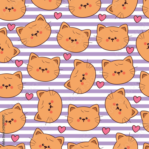 cute seamless pattern hand drawn cartoon cat with pink heart in blue stripe background