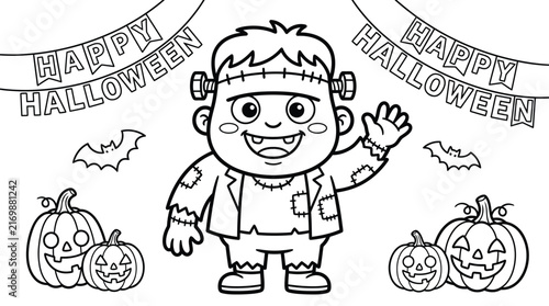 Cute frankenstein monster with happy halloween banner coloring page line art