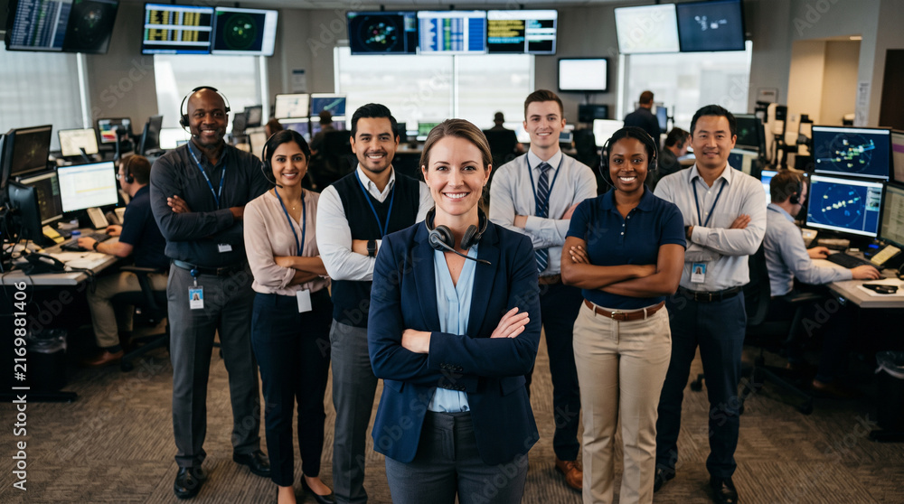Fototapeta premium Air traffic controller leads diverse aviation operations team in modern control center, showcasing flight monitoring, airspace management, communication, teamwork and aviation safety.