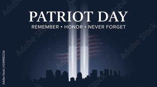 Patriot day memorial graphic featuring the twin towers tribute light beams over a dark city skyline to remember the september eleventh tragedy