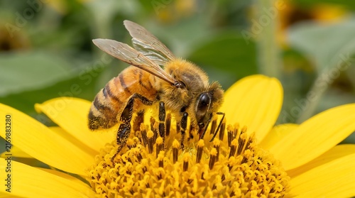 Honey bee collecting nectar on yellow sunflower, macro photography of honeybee on flower, pollination in summer garden