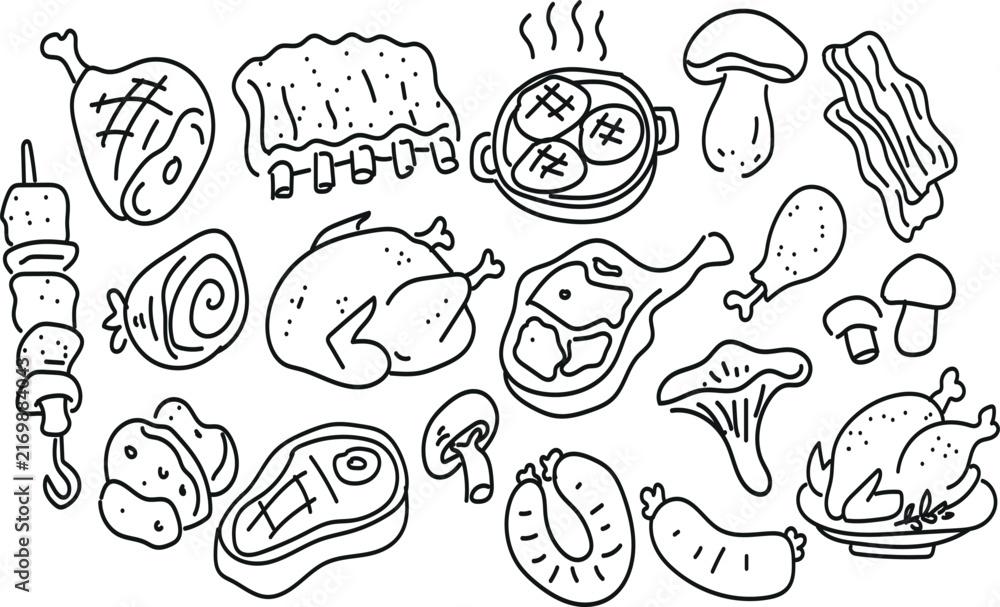 Obraz premium Hand drawn food doodle collection with assorted meats mushrooms and dishes