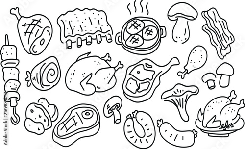 Hand drawn food doodle collection with assorted meats mushrooms and dishes