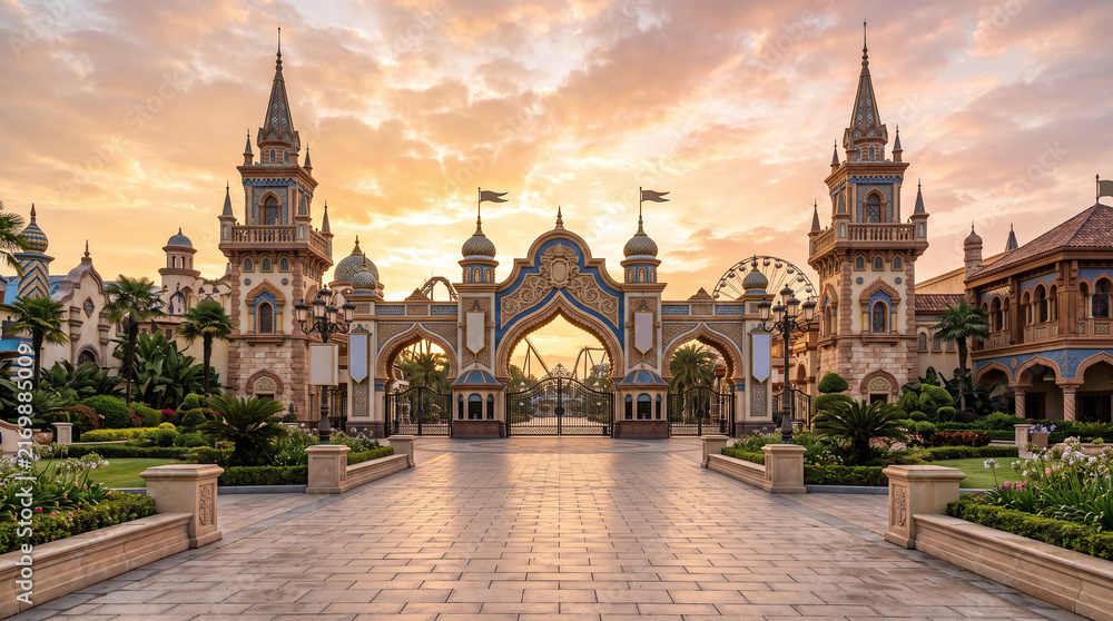 Fototapeta premium Colorful amusement park entrance in warm sunrise light