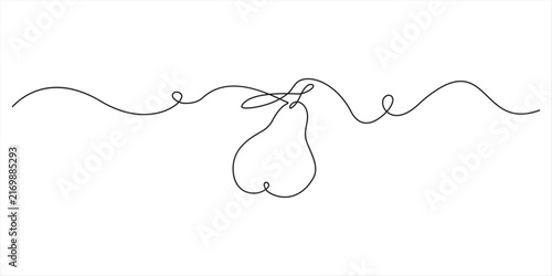 Photography Simple one line drawing of a fresh pear fruit with two leaves Pear duo standing on wavy continuous line illustration