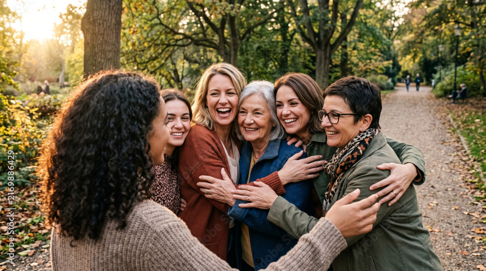 Fototapeta premium Diverse group of women of different ages embracing and laughing in a park during autumn