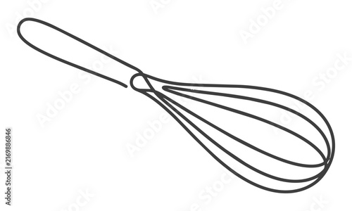 Minimalist continuous line drawing of a kitchen whisk with fluid curves and clean outlines isolated on a white background culinary kitchen tool concept