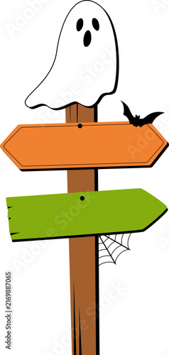 Spooky Halloween Signpost Illustration for Haunted House, Halloween Party, Creepy Directional Sign, October Event, and Seasonal Decoration. Vector Isolated.