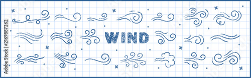 Doodle wind motion. Air flow symbols drawn with blue pen on notebook sheet. Crayon vector illustration on checkered background.