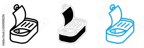 Set of three stylized sardine tin icons featuring a minimalist fish design in black and blue outlines