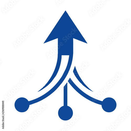 Minimalist flat icon of three curved paths converging into a single upward arrow isolated on a white background, representing a streamlined process concept
