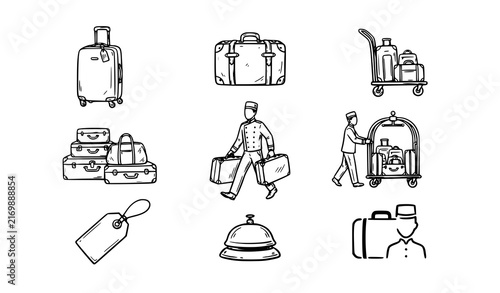 Foto Hotel Porter and Luggage Black Silhouette Icons Logo Collection
