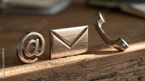 Metallic contact symbols including email, phone, and at sign resting on a rustic wooden table under soft light. Perfect for customer service and communication concept backgrounds.