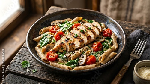 Grilled chicken breast with penne pasta spinach and tomatoes in a dark pan on a rustic wooden table. muscle building recipes