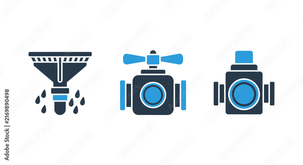 Naklejka premium Industrial plumbing valve and water filtration icons in blue and dark gray color scheme with filtration industrial equipment illustration technology engineering mechanism treatment machinery