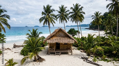 Traditional tropical hut on a white sand beach with palm trees