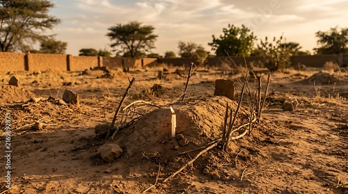 Lit candle on a humble dirt grave in a rural cemetery