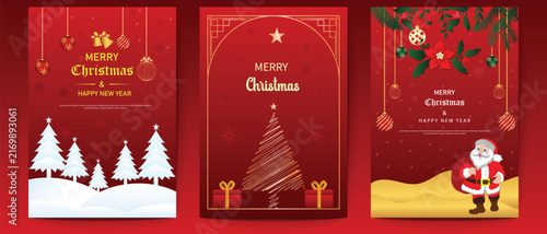 Merry Christmas  greeting card  and Happy New Year greeting card design. Luxury Christmas invitation card and new year wishes card, poster, flyer, banner design with snowflakes, Christmas tree, bell.