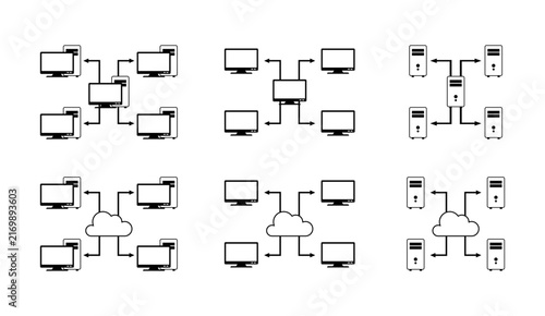 Visual representations of various network architectures including client-server, peer-to-peer, and cloud-based systems