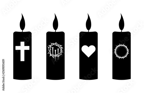 A set of four black candles, each adorned with a distinct religious symbol including a cross, heart, and crown of thorns, symbolizing key aspects of Christian belief