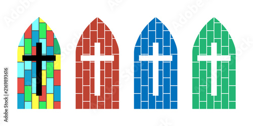 Four distinct arched window designs featuring crosses and colorful or monochromatic brick patterns, representing religious art and architecture