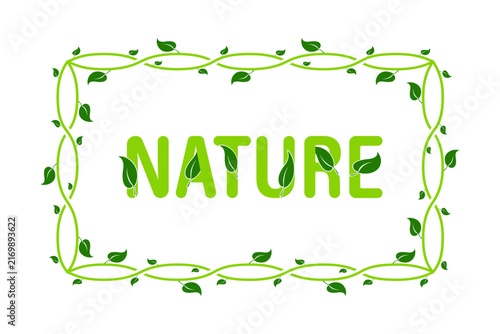 Green nature text with vine border and leaves. A stylized illustration featuring the word nature in bold green letters adorned with small leaves, enclosed by a decorative vine border