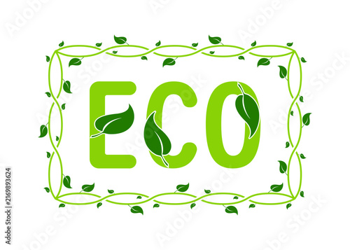 Green ECO lettering surrounded by a vine and leaf border. The word ECO is displayed in bright green letters, adorned with leaves and framed by a decorative vine