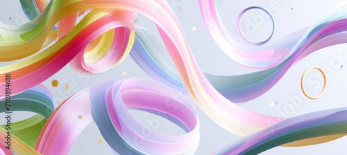 Abstract air signs concept featuring colorful flowing ribbons and thin circles drifting in light atmosphere.