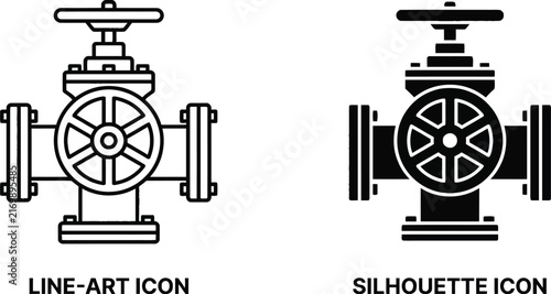 Industrial valve icon with flanges depicted in black line art and silhouette styles